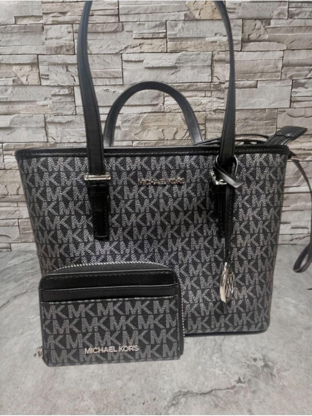 Michael Kors XS Carryall Tote & Matching Wallet Set Black/Silver Metallic